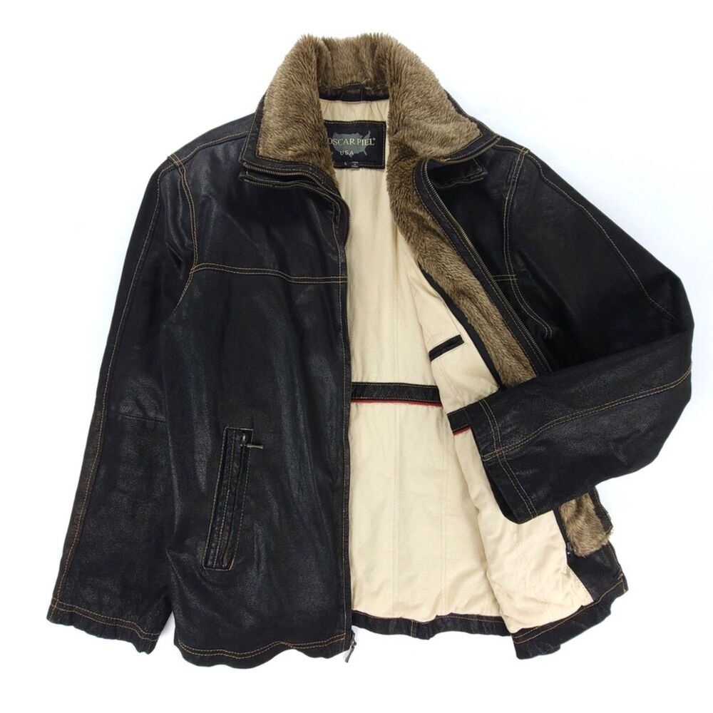 VINTAGE 90s Oscar Piel Leather Bomber Jacket w/ Removable Faux Fur Collar (L)